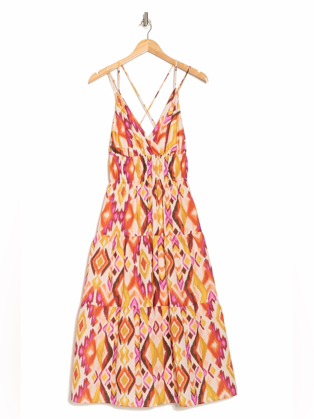 Donna Ricco New York Ikat Midi Strappy Tiered Dress Orange Mul Womens SMALL EUC